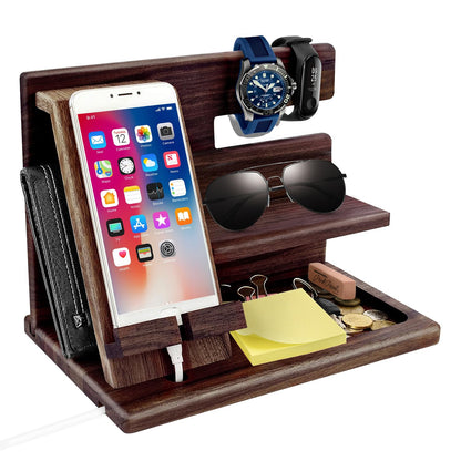 Gifts for Men Christmas, Wood Phone Docking Station, Mens Gifts for Birthday or Gifts for Dad Fathers Day, Desk Workspace Organizer Nightstand Organizer Key for Wallet & Watch Holder Husband Christmas