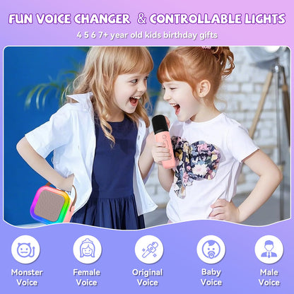 Mini Karaoke Machine for Kids Girls Boys - Birthday Gifts for Ages 4 5 6 7 8+ Year Old - 2025 New est - Portable Bluetooth Speaker with 2 Wireless Microphone - Kids' Instrument Accessories - Pink