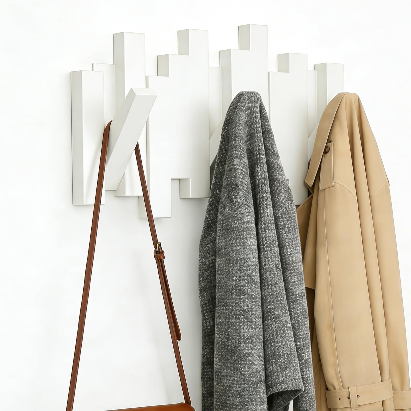 CAQ Wood Piano Key Coat Rack Wall Mount, Modern Coat Rack with 3 Magnetic Flip Hooks, 110 lbs Load Bearing, Space Saving Home Storage Decor, White