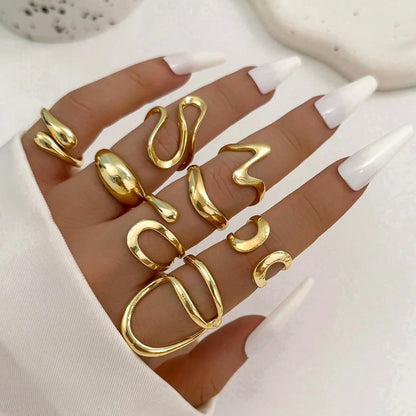 FAXHION 12PCS Gold Stackable Rings Set for Women, 18K Gold Plated Open Stacking Knuckle Ring, Adjustable Chunky Signet Band Statement Ring for Gift