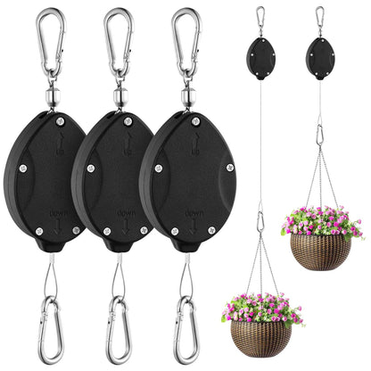 3 Pack Heavy Duty Retractable Plant Hangers Adjustable Pulleys with 63" Pull-Down Design Stainless Steel Rope Double-Headed Hooks for Hanging Baskets Bird Feeders Planters and Pots Supports up to 45lb