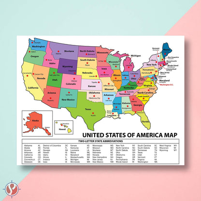 United States Map - USA Poster, US Educational Map - With State Capital - for Ages Kids to Adults- Home School Office - Printed on 12pt. Glossy Card Stock | Bulk Pack of 10 | 8.5 x 11 Inches