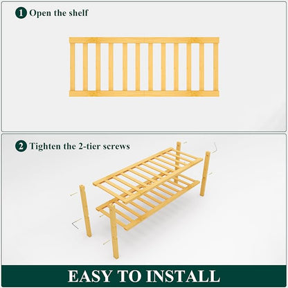 Smiry Bamboo Shoe Rack, 2 Tier Free Standing Wooden Shoe Organizer, Stackable Wood Shoe Storage Shelf for Closet, Entryway, 12 Vertical Slats, One-piece Standard Legs, 26.8"x11"x13", Natural