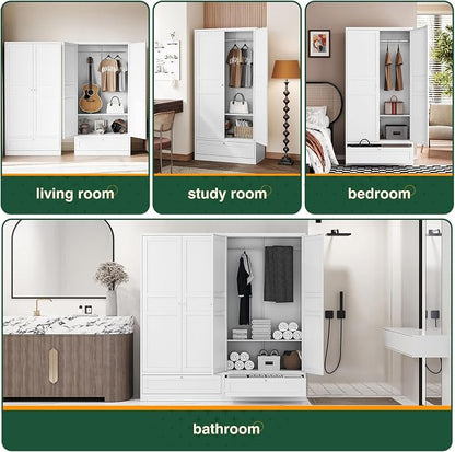 Letaya Metal Wardrobe Cabinets,18" Deep Clothing Storage Cabinet with Doors and Shelves,for Home Room,Fire Department, School, Employee,Gym,Government (White)