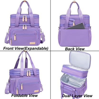 Weitars Insulated Lunch Box for Women Men-Dual Compartment Waterproof Reusable Large Lunch Bag Wide-Open Tote Cooler Bag For Working Picnic Hiking (15L) (Purple)