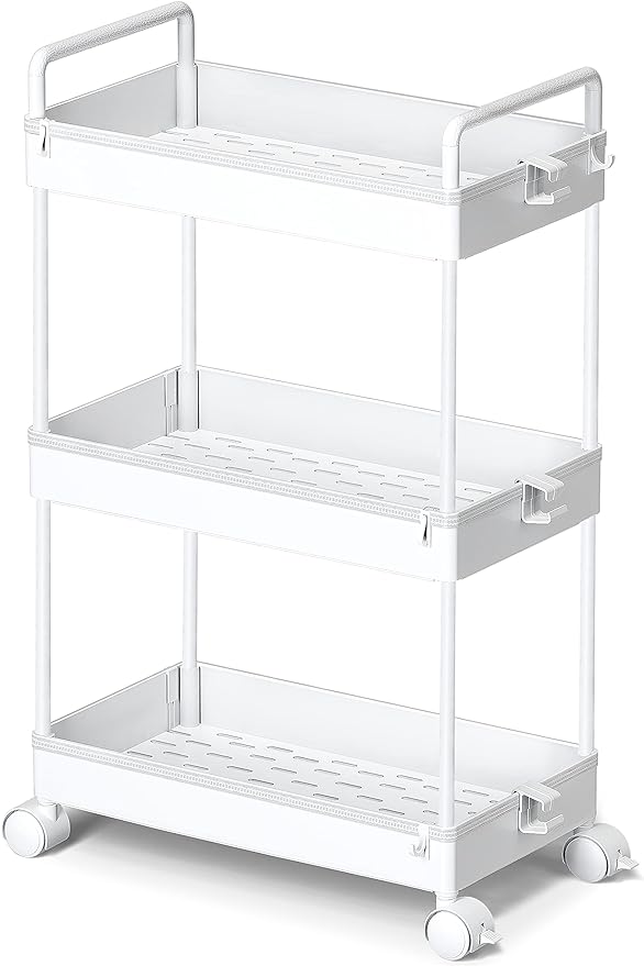 Ronlap 3 Tier Slim Rolling Storage Cart with Wheels Plastic Utility Cart Organizer for Snack Craft Art Postpartum Baby Diaper Nail Makeup in Bathroom Laundry Room Kitchen Bedside Narrow Space, White
