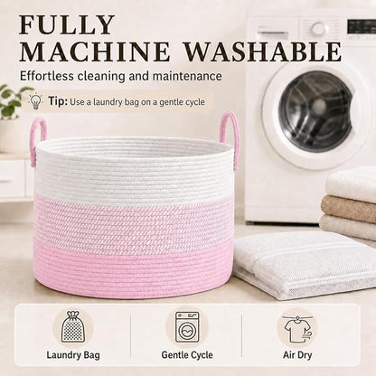 JMvicyroam 65L Extra Large Blanket Basket for Living Room - Woven Cotton Rope Laundry Hamper with Reinforced Handles - Storage Bin for Pillows, Comforters & Toys - Machine Washable,White&Pink Mix