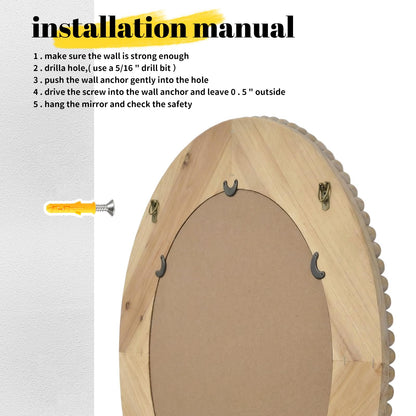 sawsile Round Wood Mirror,24 inch Circle Rustic Farmhouse Natural Wooden Frame Boho Beads Wall Mirror for Bathroom,Living Room,Bedroom or Entryway