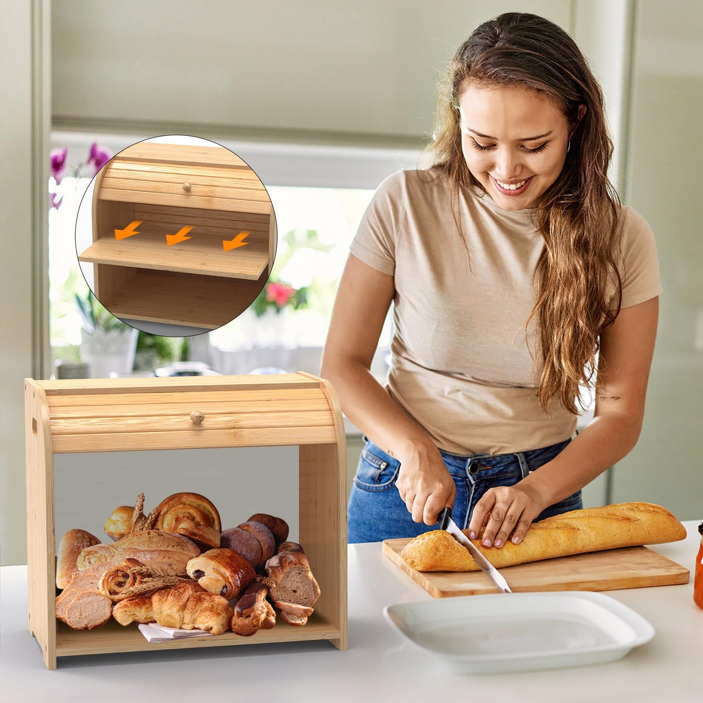 FoverOne Bamboo Bread Box for Kitchen Countertop, Roll-top Breadbox Breads Storage Boxe with Adjustable Middle Shelf