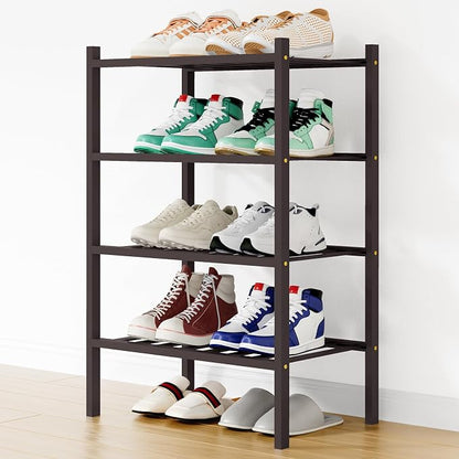 Smiry Small Bamboo Shoe Rack, 4 Tier Free Standing Wooden Shoe Organizer, Stackable Wood Shoe Storage Shelf for Closet, Entryway, 12 Vertical Slats, 2+2 Stack Standard Legs, 17.3"x11"x26", Brown