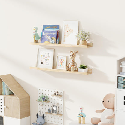 Fun Memories Picture Ledge Shelf, Pine Wood Floating Shelves Set of 2, 36 inch Nursery Book Shelves, Photo Ledge Book Shelves Wall Mounted for Living Room Kids' Room Bedroom - Natural