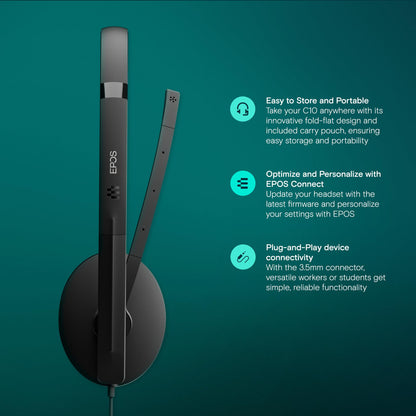 EPOS I SENNHEISER C10 USB Headset with Microphone | Wired Headphones with Simple and Flexible USB C Connection and EPOS BrainAdapt™ Technology ,Black
