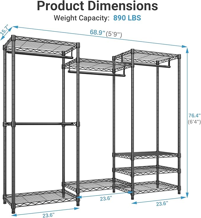 VIPEK V5C Portable Closet Wardrobe Bedroom Armoires Heavy Duty Covered Clothing Rack, Black Metal with Grey Oxford Fabric Cover, Adjustable Custom, 68.9" Lx15.7 Wx76.4 H