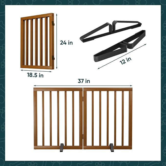 Semiocthome Dog Gate Indoor 2-Panel Freestanding Puppy Gates for The House with 2 Metal Stands 24" H Folding Wood Pet Gate for Stairs Doorway, Fully Assembled Safety Fence - Walnut