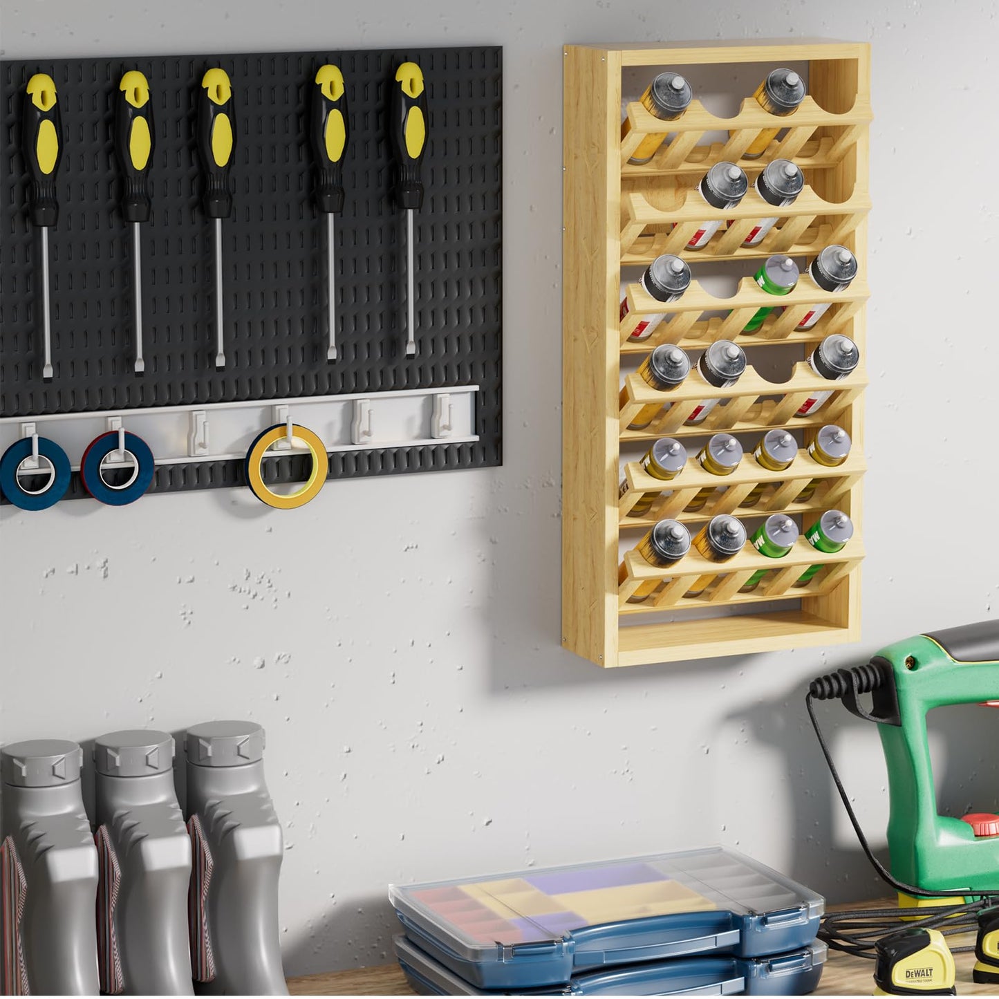 foriy 24 Can Spray Paint Holder – 6-Tier Wooden Aerosol Organizer Rack Wall Mounted Spray Can Organizer for Lubricant, Oil, Garage, Workshop, Craft Room, Space Saving Storage (14.2" L x 5" W x 30" H)