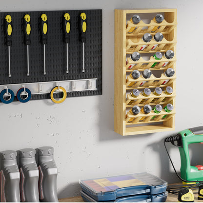 foriy 24 Can Spray Paint Holder – 6-Tier Wooden Aerosol Organizer Rack Wall Mounted Spray Can Organizer for Lubricant, Oil, Garage, Workshop, Craft Room, Space Saving Storage (14.2" L x 5" W x 30" H)