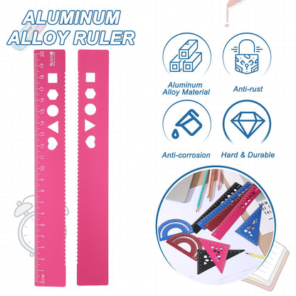 HARFINGTON 8pcs Triangular Ruler Set 20cm Aluminum Alloy Straight Geometric Protractor Triangle Engineering Scale Drafting Ruler Kit Measuring Drawing Tool for Classroom Office Home, Pink