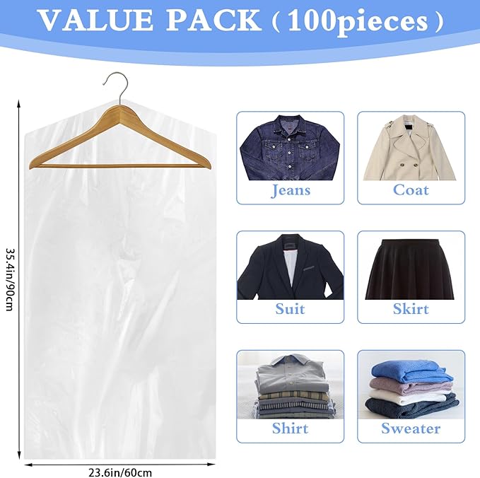 100 Pack Dry Cleaning Plastic Bags, Dry Cleaners Bags