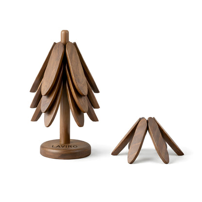 Natural Solid Black Walnut Wooden Tree Trivets for Hot Dishes – Foldable Artisanal Pot Holders for Pots & Pans, Decorative Kitchen Counter Storage Stand (Set of 4)