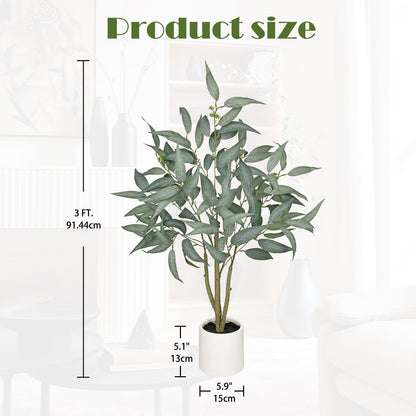 Artificial Eucalyptus Tree in White Pot – 3FT Faux Indoor Plant for Home Décor, Modern Greenery for Living Room, Bedroom, Office – Realistic Silk Leaves, Minimalist Planter