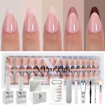 SXC Cosmetics French Tip Press On Nails - Skin Tone Nude and Color Series, Short Coffin X-Pro Tips Starter Kit ST119KIT