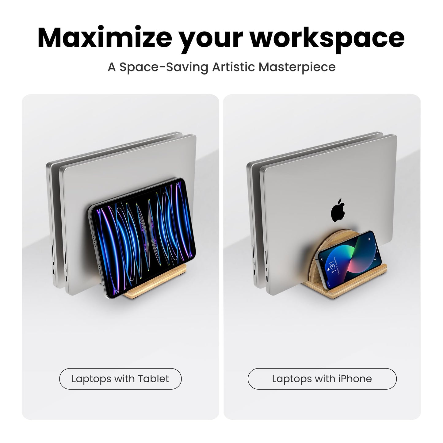 Kothar Premium Wood Vertical Laptop Stand - Adjustable Dual Slot Bamboo Holder for MacBook, Dell, HP, and More | Space-Saving Desktop Organizer | Eco-Friendly, Sleek & Durable Design