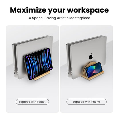 Kothar Premium Wood Vertical Laptop Stand - Adjustable Dual Slot Bamboo Holder for MacBook, Dell, HP, and More | Space-Saving Desktop Organizer | Eco-Friendly, Sleek & Durable Design