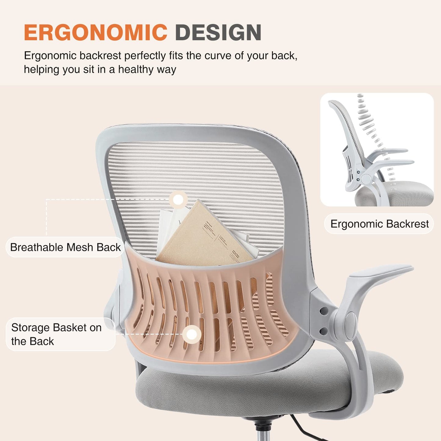 Sweetcrispy Home Office Managerial Executive Chair, Ergonomic Mesh Adjustable Swivel Mid-Back Chair with, Flip-up Arms, Comfortable Lumbar Support, Comfy Arms for Bedroom,Study,Student, Grey