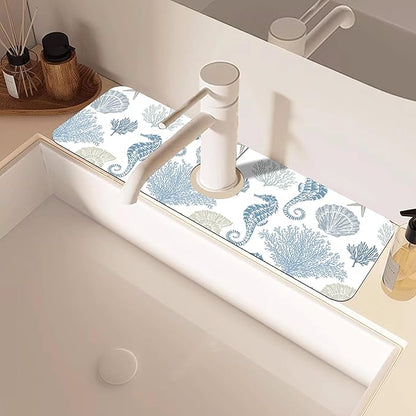 Marine Seashell Seahorse Coral Kitchen Sink Splash Guard Mat Absorbent Fast