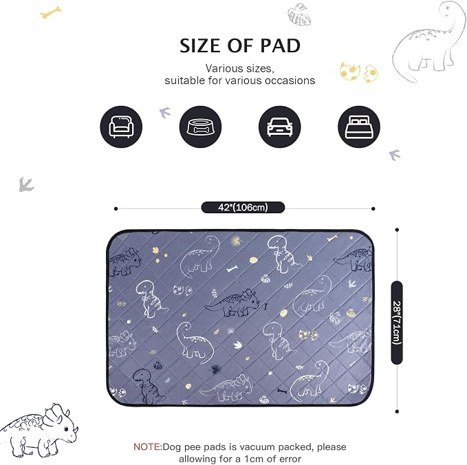 IEUUMLER Washable Pee Pads for Dogs, 2 Pack Non-Slip & Waterproof Pack Whelping Pad, Reusable Washable Puppy Potty Training Pad with Fast Absorbent for Playpen EU007 (Gray Dinosaur, 42"X28"-2pcs)