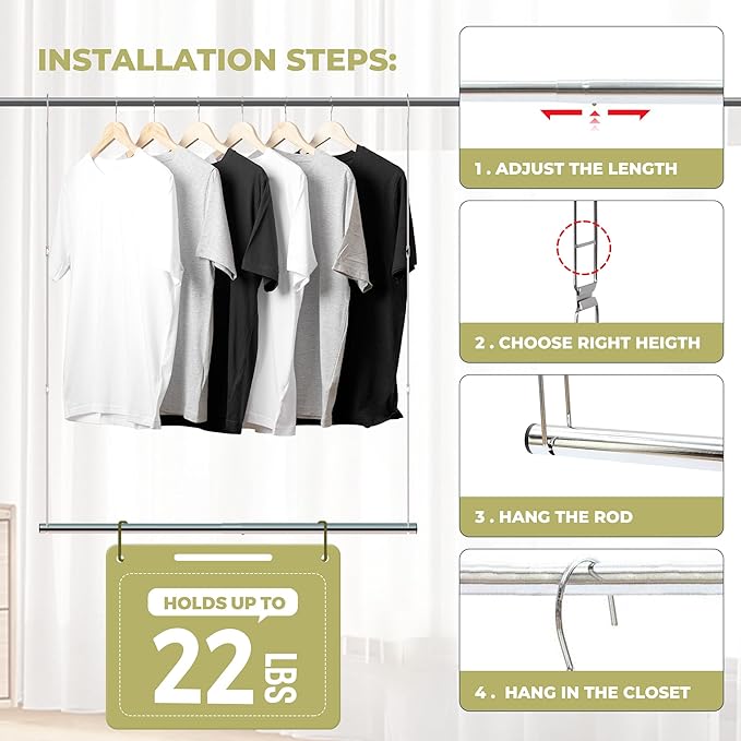 Hanging Closet Rod, 17-29In Adjustable Width and Up to 37In Height Adjustable