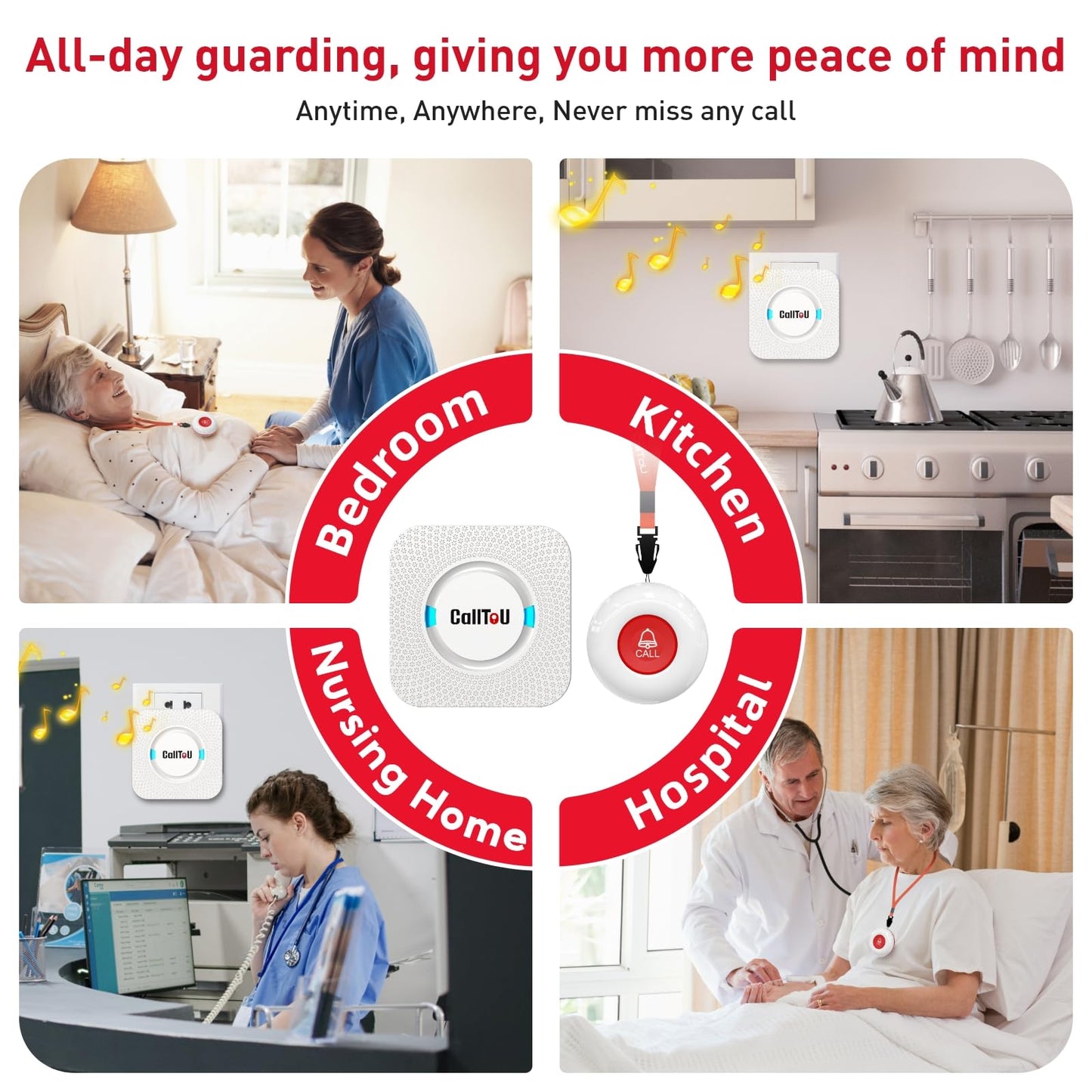 CallToU Wireless Caregiver Pager Call Button Call Bell Medical Alert System for Seniors Patients Elderly at Home 2 Waterproof Transmitters 3 Plugin Receivers