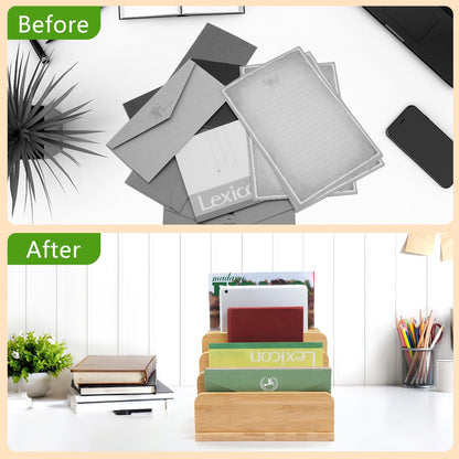 Deefielly Desk File Mail Organizer Countertop, 5 Slots Bamboo Folder Sorter Holder for Letter, Envelope, Paper, Bill Filing, Desktop Tray Organizer for Office & Home