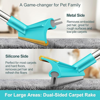 Carpet Rake for Pet Hair Removal, Dog Cat Fur Remover Rubber Broom, Stainless