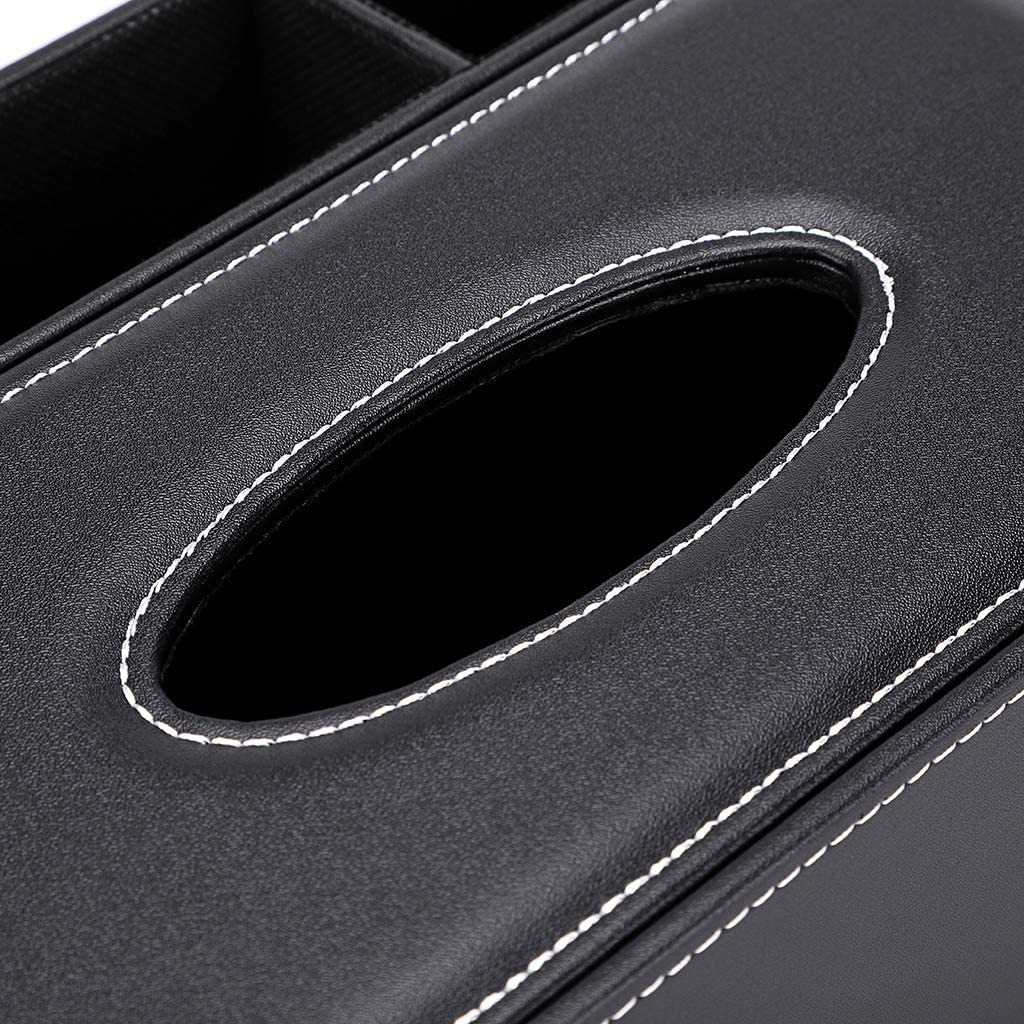 PU Leather Tissue Box Cover - Multifunctional Tissue Box Holder with Stationery Remote Control Box - Elegant and Stylish Home Napkin Holder Desktop Tissue Paper Holder Desk Storage Organizer (Black)