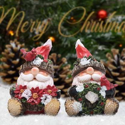 Hodao Christmas Santa Gnome Figurines, Set of 2 – Red Hat Woodland Gnomes with Cardinal, Poinsettia Bouquet & Holiday Wreath – Winter Decor & Gift for Tiered Tray, Mantel, Tabletop, Windowsill