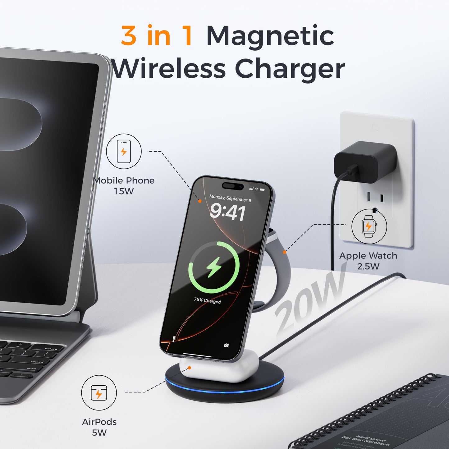 TESSAN 3 in 1 Charging Station Compatible with MagSafe, Magnetic Wireless Charger Stand for iPhone 17/16/15/14/13 Series, Charging Dock for Apple Watch & AirPods, Includes Cable and 20W Adapter