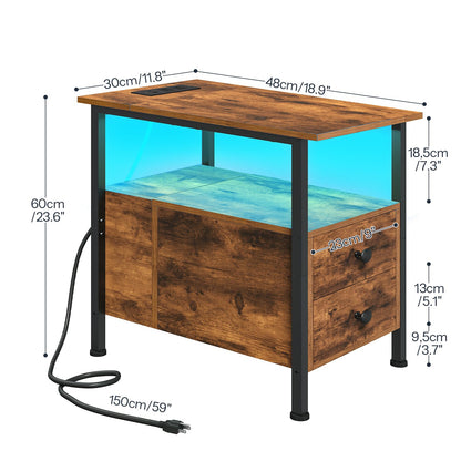 HOOBRO End Table with Charging Station & Led Light, Narrow Side Table with 2 Drawers & USB Ports & Power Outlets, Nightstand for Small Spaces, for Living Room, Bedroom, Rustic Brown Black BF436UDBZ01