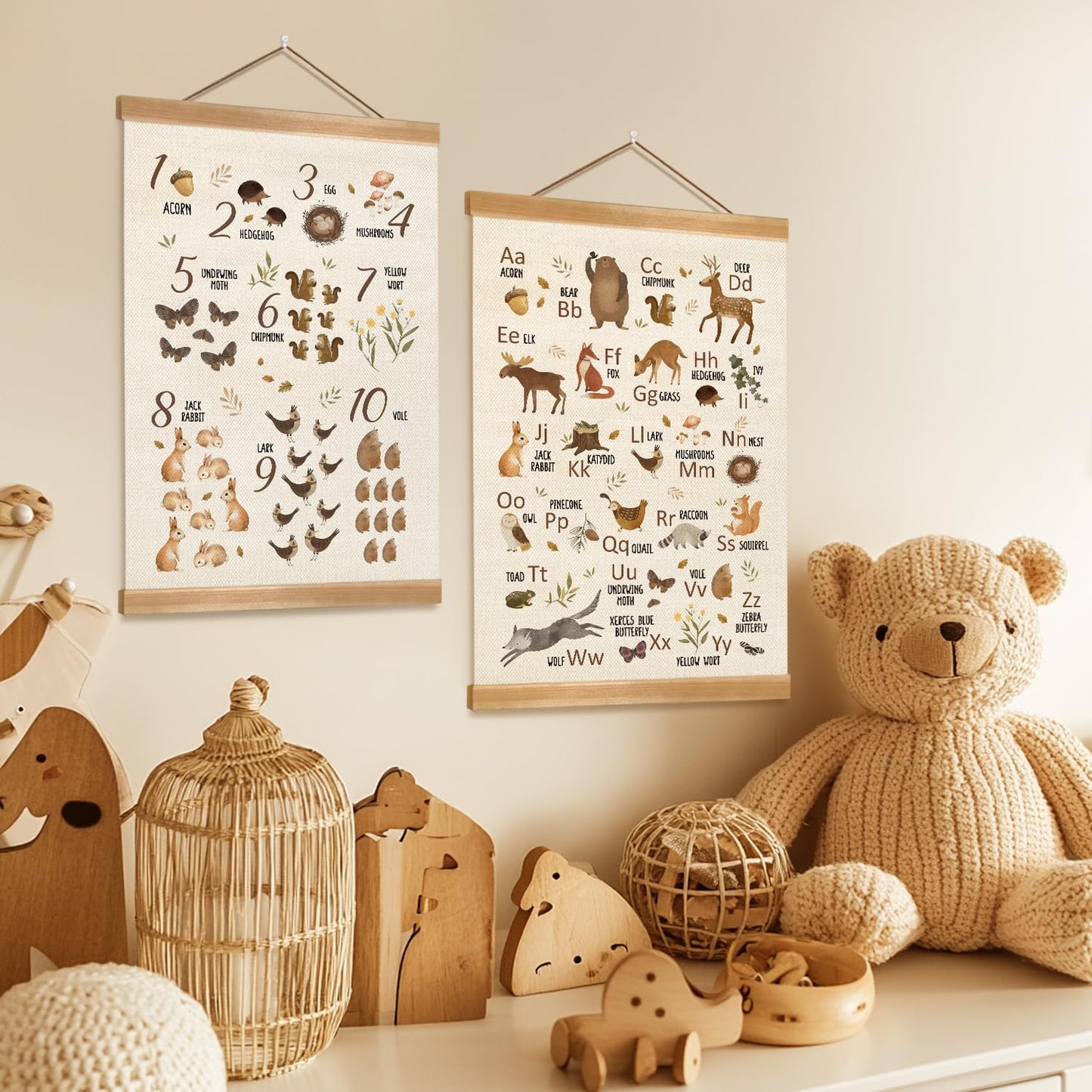 Animal Alphabet Numbers Poster Set of 2, Children's Room Wall Art, ABC&123 Banner Poster, Letter Numbers Banner Wall Hanging Decor for Toddler Room Playroom Nursery Classroom 12x16inch (Forest animal)