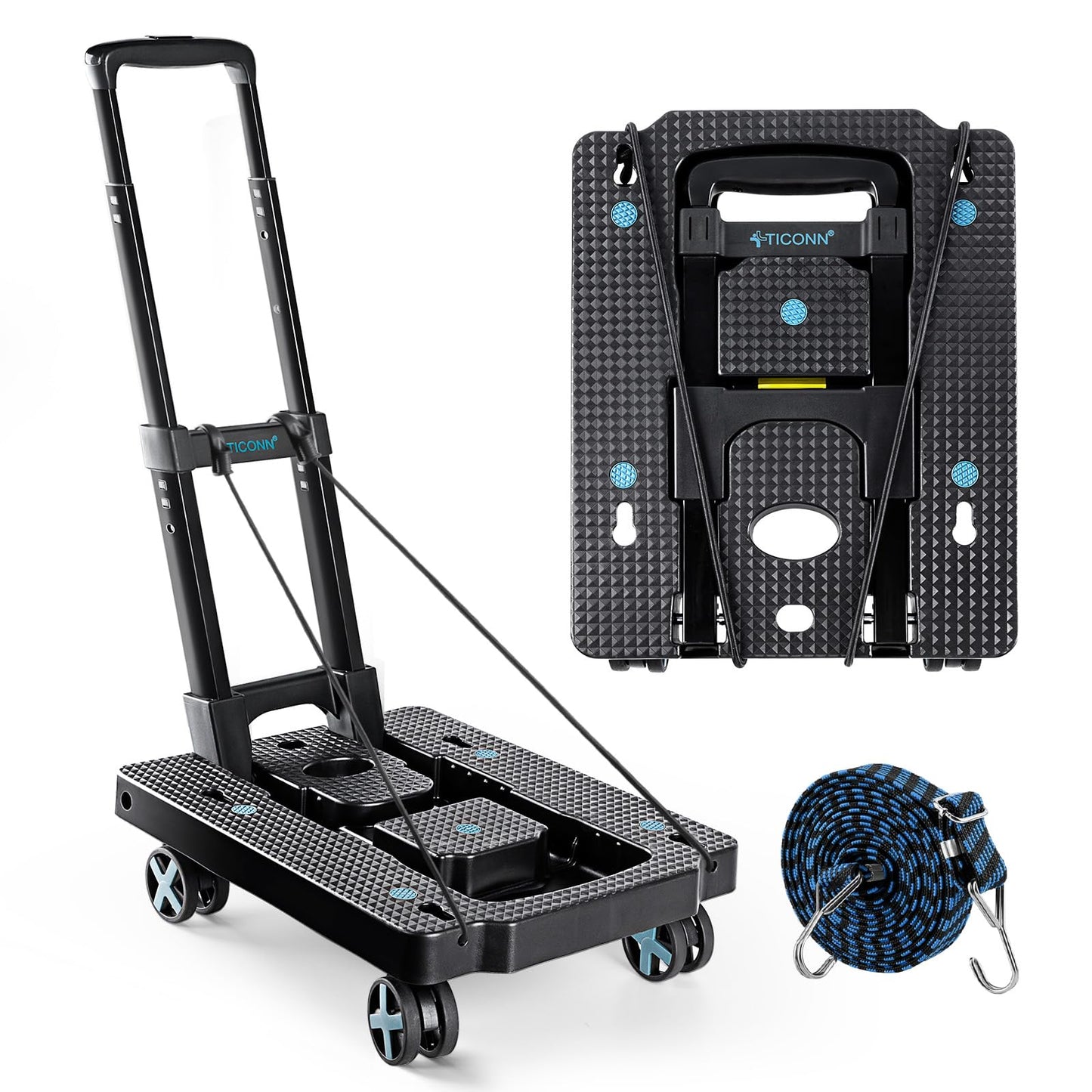 TICONN Folding Portable Dolly Cart, Black, 4-Wheel, 110 lbs Capacity, Adjustable Handle, Silent Wheels