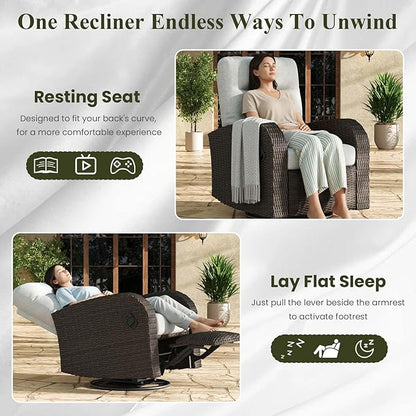 LayinSun Oversized Wicker Outdoor Swivel Glider Recliner with Adjustable Backrest & Footrest, Patio Reclining Lounge Chair - Set of 2
