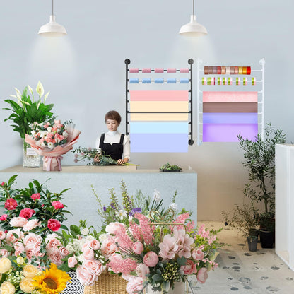 Ribbon Organizer, 7 Tier Wall Mounted Metal Holder ,Holiday/Birthday Gift Wrapping Organizer Storage Ribbon Storage Rack for Craft Cake Shop Flower Store,Tie Scarf Rack Belt Towel Holder(White)