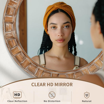 XGGJWW 30 Inch Brown Solid Wood Round Wall Mirrors, Decorative Circle Mirror for Bathroom, Bedroom, Living Room, Hallway, Foyer, Entryway