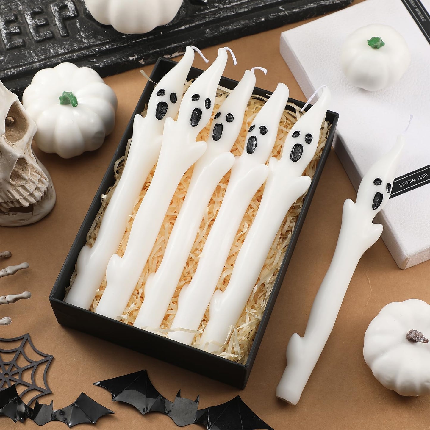 Conelist 6 Pack 10" Halloween Unscented Ghost Shaped Taper Candles Spooky Ghost Halloween Dinner Candles Home Table Decoration for Thanksgiving Autumn Festive Party Gift