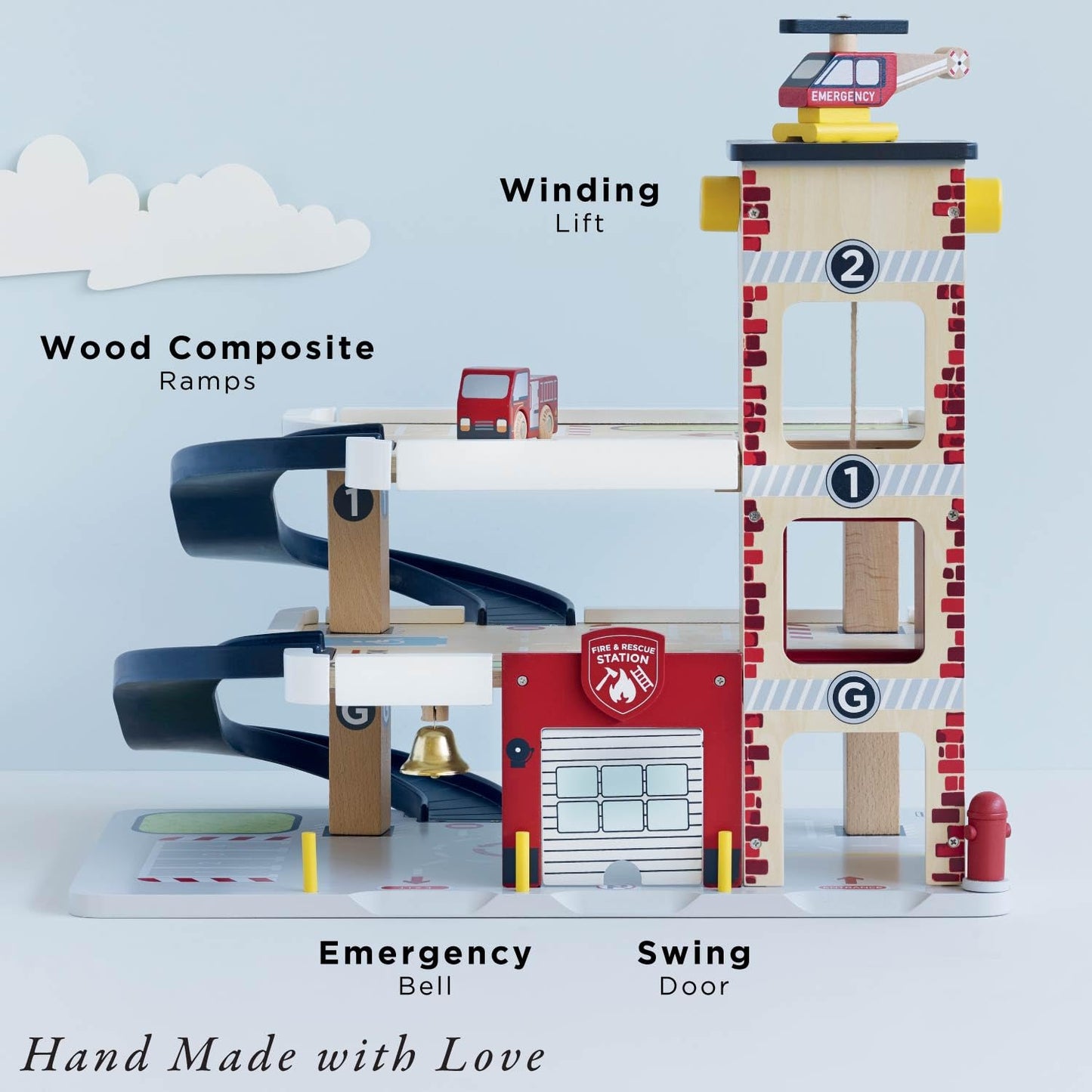 Le Toy Van Wooden 3 Storey Fire & Rescue Garage Toy Car Play Set, Vehicle Role Play Toys, Suitable for 36+ Months, TV453