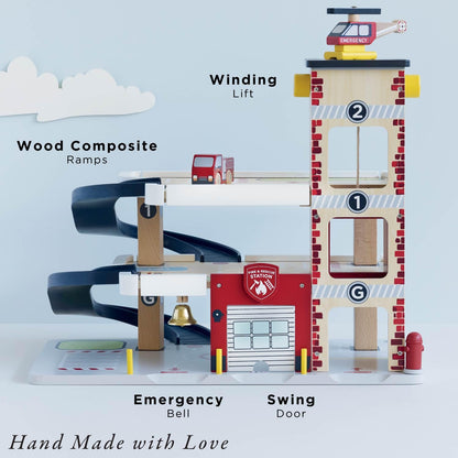 Le Toy Van Wooden 3 Storey Fire & Rescue Garage Toy Car Play Set, Vehicle Role Play Toys, Suitable for 36+ Months, TV453