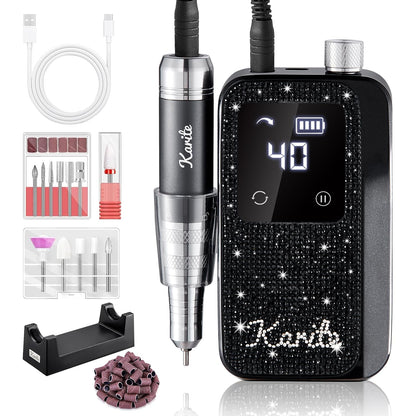 Karite Professional Nail Drill Machine for Acrylic Nails, 35000 RPM Electric Nail File with 13 Bits, 30 Sanding Bands – USB Rechargeable, Portable Electronic Nail Filer for Home Salon Manicure Tools