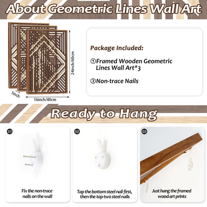 CHDITB Boho Geometric Wood Wall Art(Set of 3, 16"x24"), Large Modern Wooden Panel Hollow Line Art Decor, Rustic Abstract Minimalist Wall Hanging Artwork for Bedroom Living Room Office