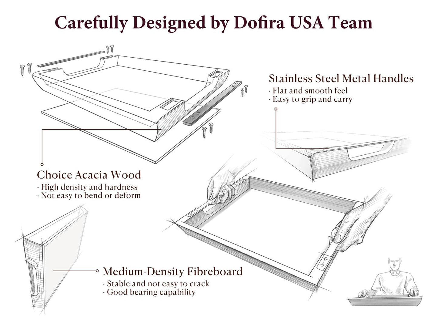 DOFIRA Large Ottoman Tray: 20" Square Acacia Wood Serving Tray with Metal Handles - Extra Large Decorative Tray for Coffee Table, Breakfast in Bed, Charcuterie, Living Room & Party
