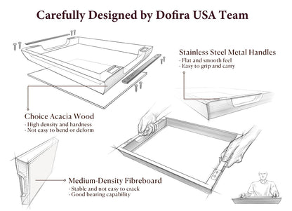 DOFIRA Large Ottoman Tray: 20" Square Acacia Wood Serving Tray with Metal Handles - Extra Large Decorative Tray for Coffee Table, Breakfast in Bed, Charcuterie, Living Room & Party